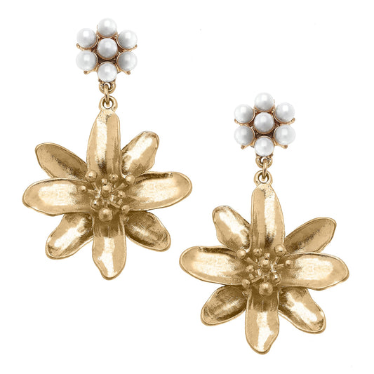 Adalynn Flower & Pearl Cluster Drop Earrings in Worn Gold