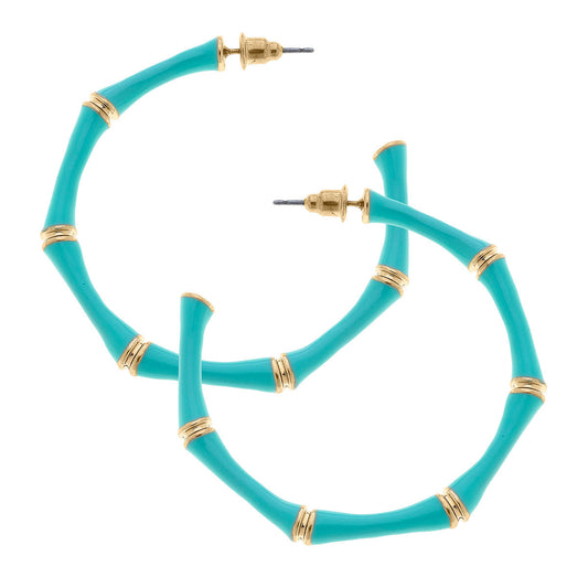 Celeste Enamel Bamboo Hoop Earrings in Aqua