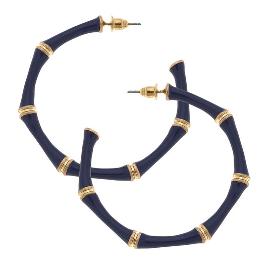 Celeste Enamel Bamboo Hoop Earrings in Navy