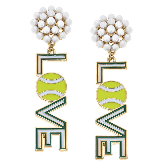 Tennis Love Enamel Pearl Cluster Earrings in Green and White