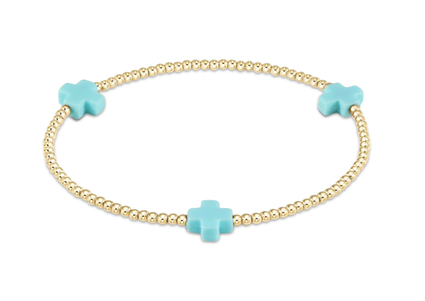 Signature Cross Gold Pattern 2mm Bead Bracelet - Turquoise