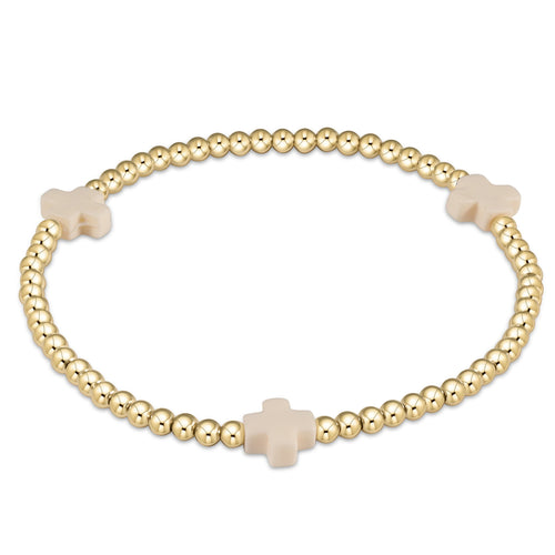 EGIRL CLASSIC GOLD 3MM BEAD BRACELET - SIGNATURE CROSS GOLD CHARM - OFF-WHITE