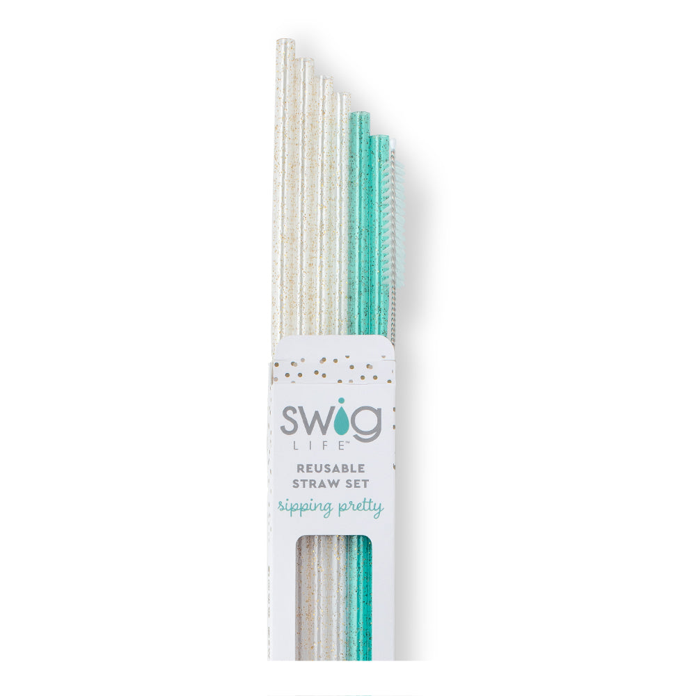 Reusable Straw Set - Glitter Clear & Aqua