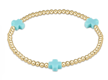 Signature Cross Gold Pattern 3mm Bead Bracelet - Turquoise