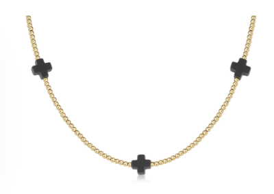 15" Choker Signature Cross Gold Pattern 2mm Bead - Charcoal