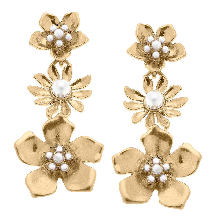 Meara Pearl Flower Triple Drop Earrings in Worn Gold