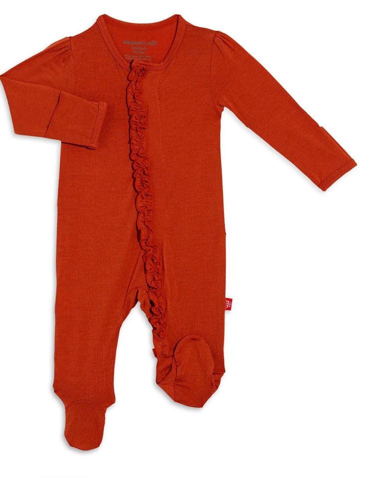 Chestnut Ruffle Magnetic Footie | 3-6m