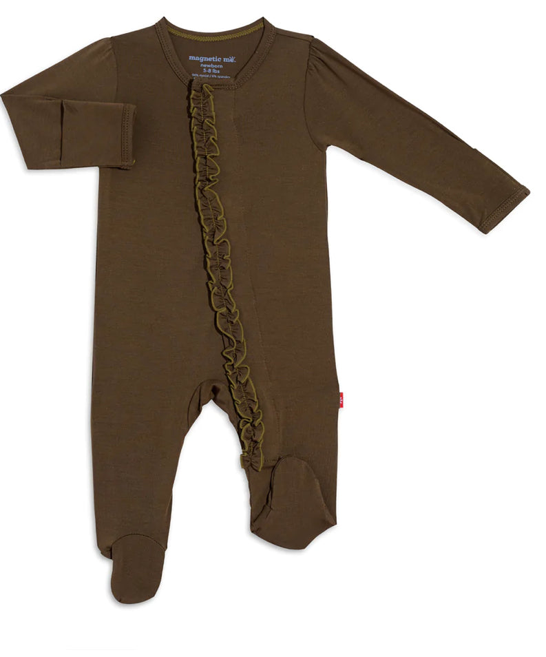 Military Olive Ruffle Magnetic Footie | 3-6m
