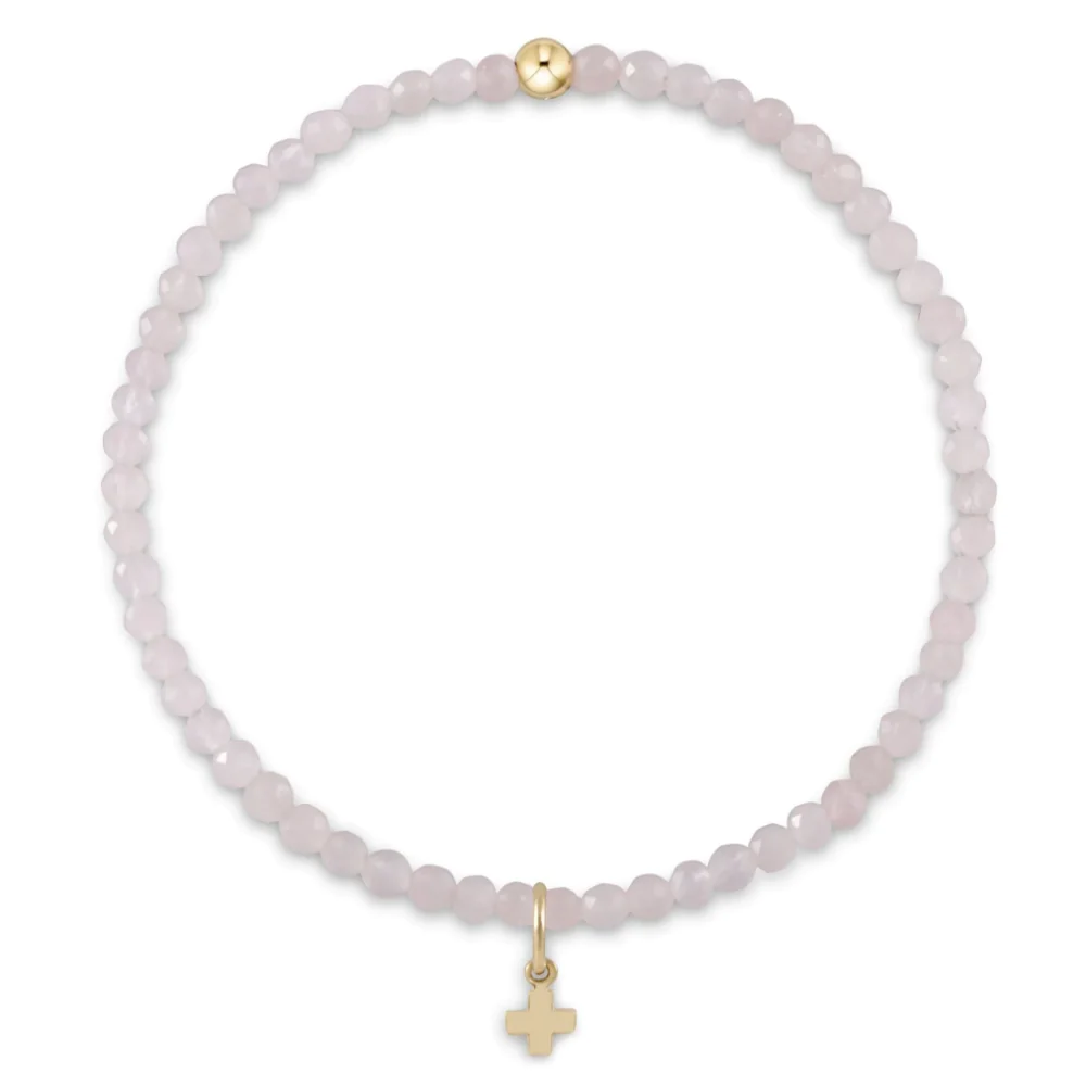 EGIRL GEMSTONE 3MM BEAD BRACELET - ROSE QUARTZ - SIGNATURE CROSS SMALL GOLD CHARM