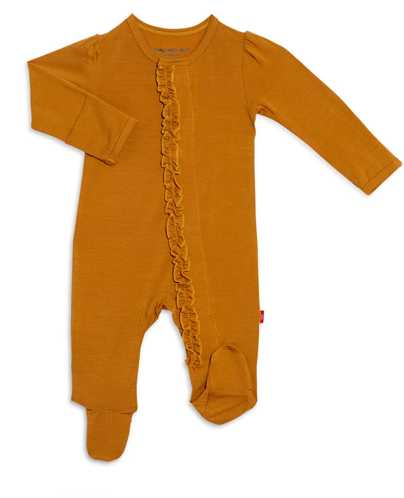 Flaxen Harvest Gold Ruffle Magnetic Footie | 3-6m
