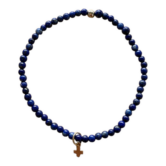 Gemstone 3mm Bead Bracelet - Lapis - Signature Cross Small Gold Charm